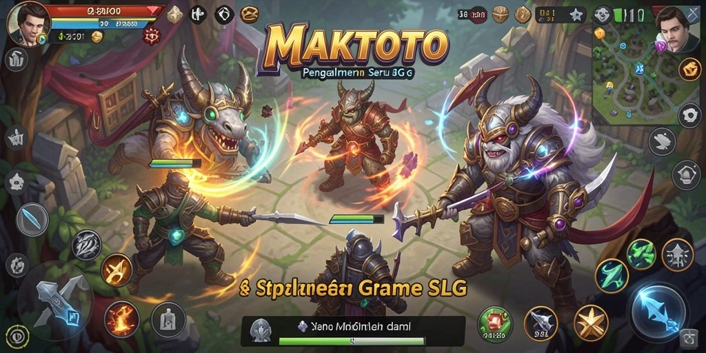 Tangkapan layar gameplay MAKTOTO menampilkan pertempuran taktis dan pembangunan strategi.