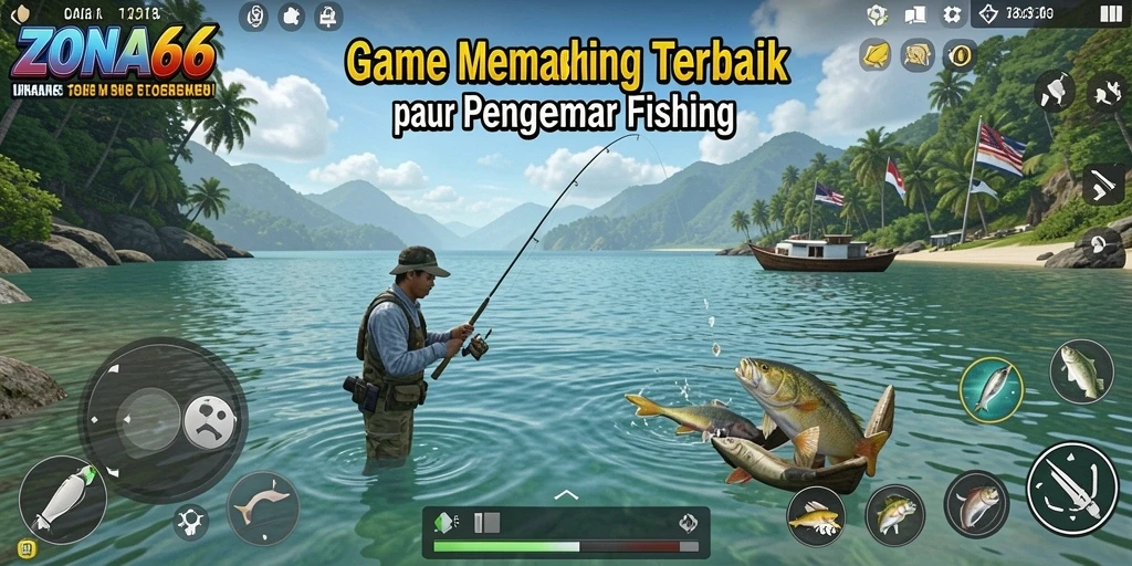 Tangkapan ikan besar dalam permainan ZONA66 dengan latar belakang keindahan alam yang menakjubkan.